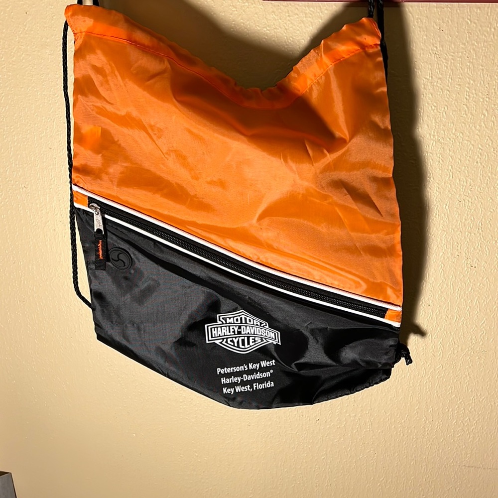 Harley Davidson Cinch Backpack w/ Zippered Pocket Orange/Black